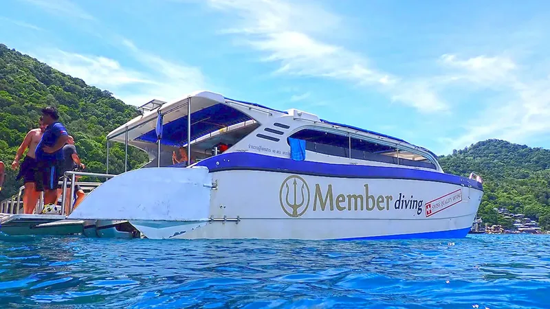 Bateau de plongée bleu et blanc amarré près d'une côte verdoyante