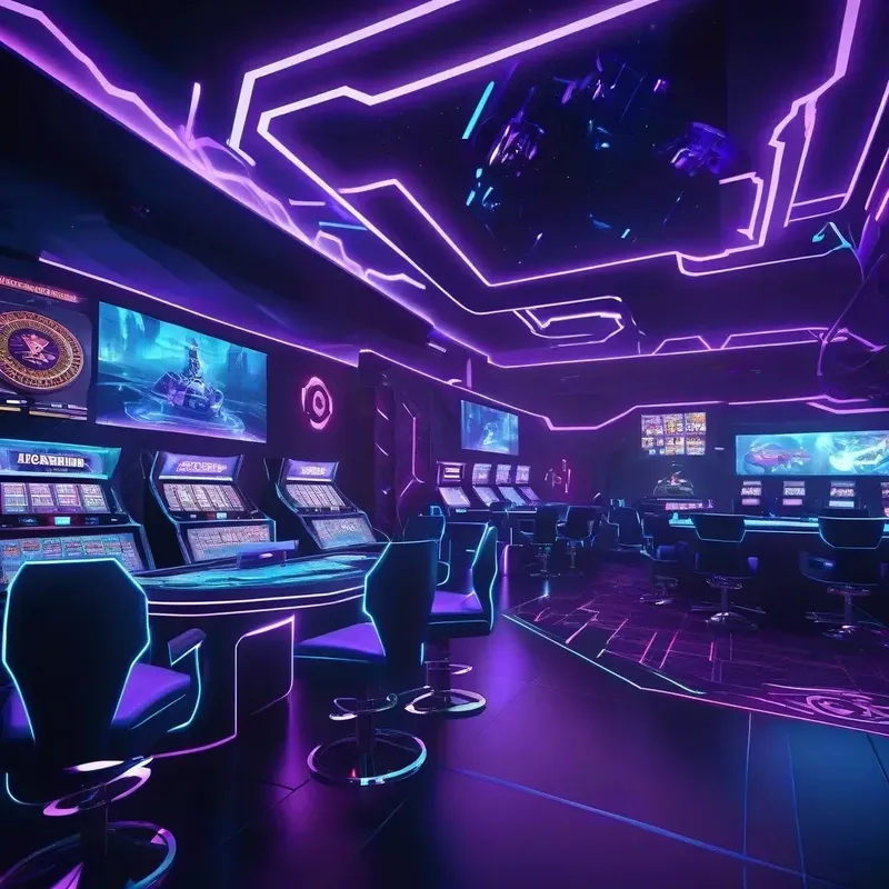 Interieur futuriste avec des postes de travail et un éclairage violet