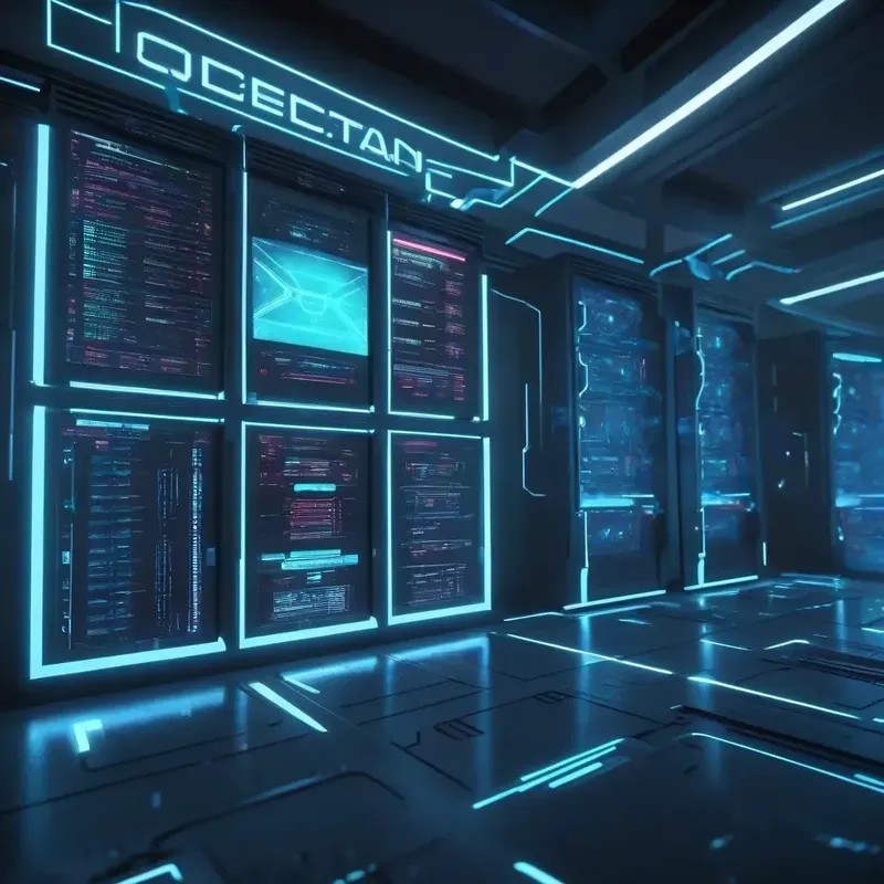 Interieur futuriste avec murs lumineux et écrans bleus et roses