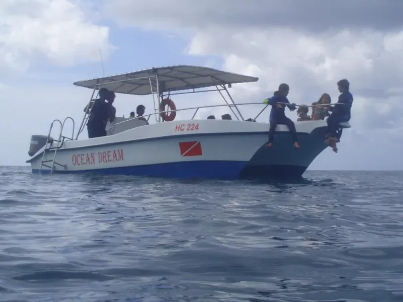 Bateau de plongée avec des personnes préparant une sortie en mer