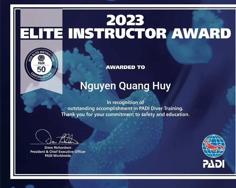 Certificat PADI Elite Instructor Award 2023 avec une méduse en arrière-plan