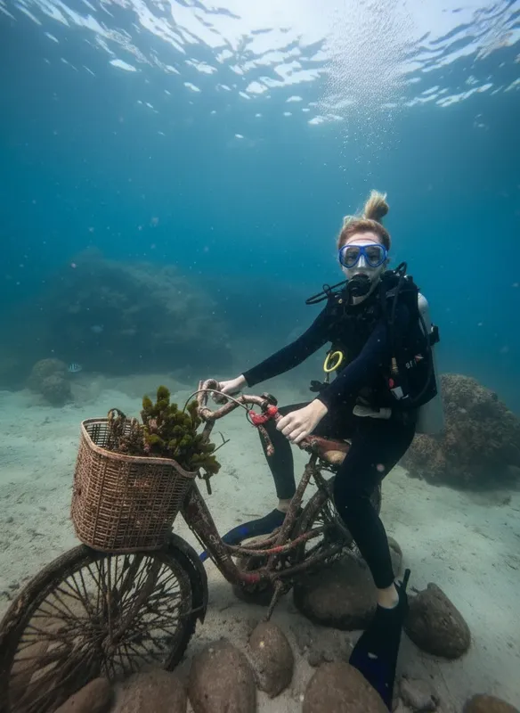 Plongeuse souriante près d'un vélo rouillé au fond de l'eau
