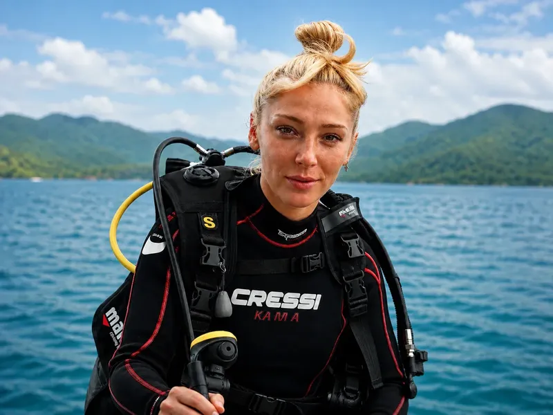 Plongeuse souriante, équipée, regardant la caméra, mer et montagnes en arrière-plan