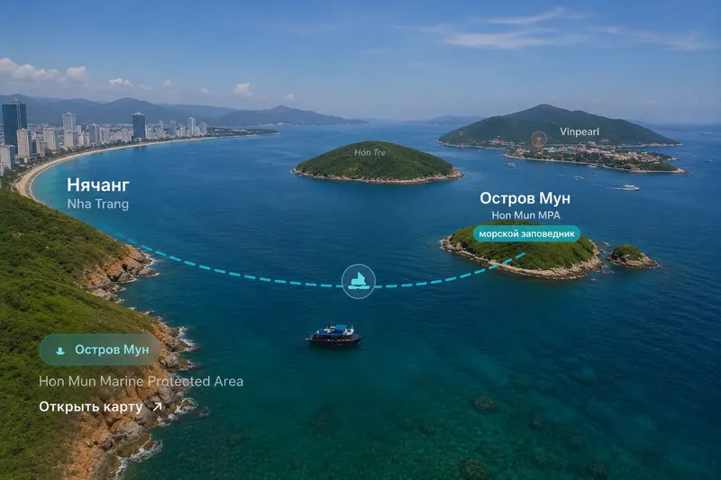 Vue aérienne d'îles et d'un bateau avec indications cartographiques