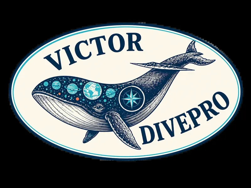 Baleine illustrée avec des planètes et une boussole sur fond ovale