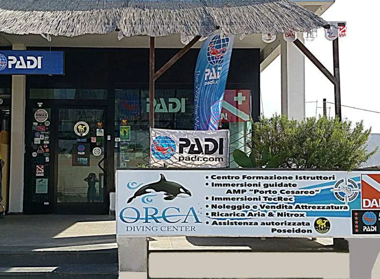 Devanture d'un centre de plongée avec enseignes PADI et Orca Diving Center
