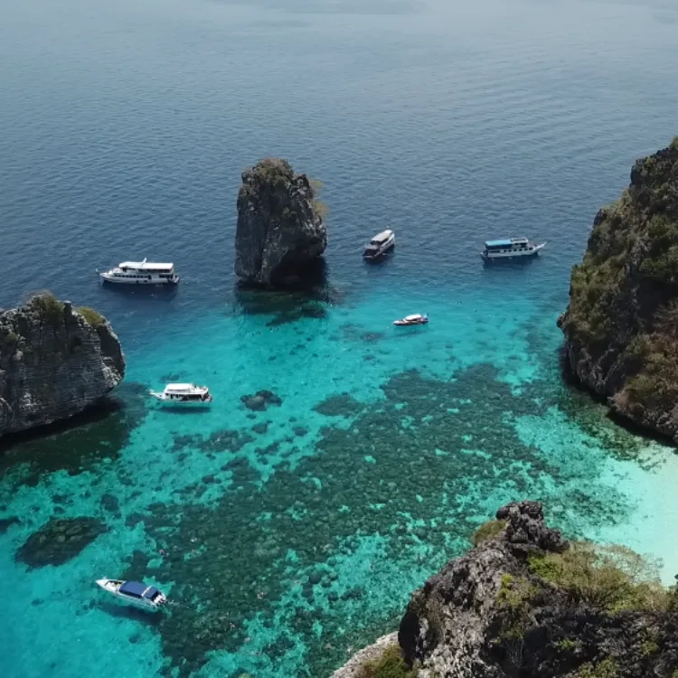 Plusieurs bateaux de plaisance naviguent dans une eau turquoise et claire