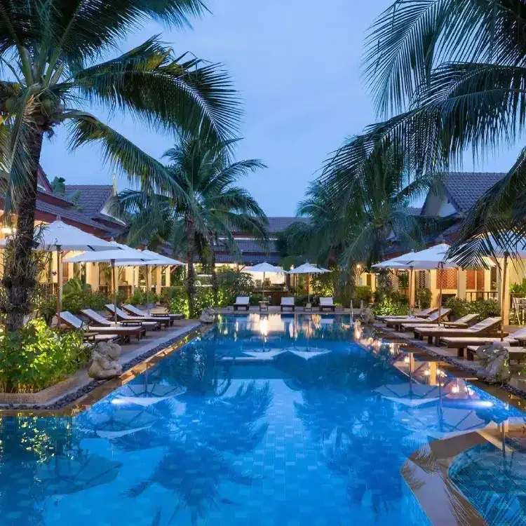 Piscine d'hôtel tropical avec palmiers et éclairage nocturne