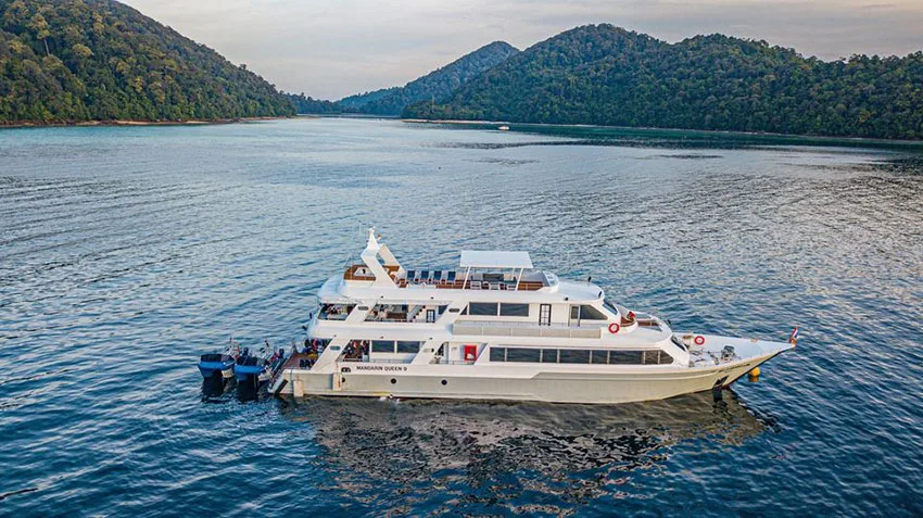Grand bateau de croisière blanc navigue sur une eau turquoise calme