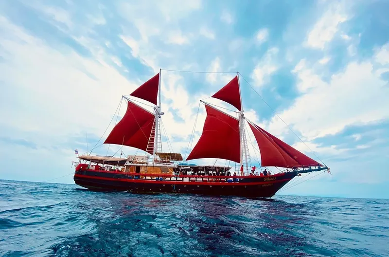 Grand voilier rouge en mer avec des passagers à bord