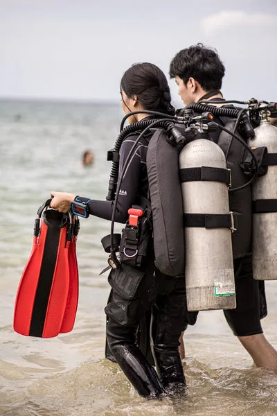 Deux plongeurs s'équipent sur une plage, prêts pour une immersion