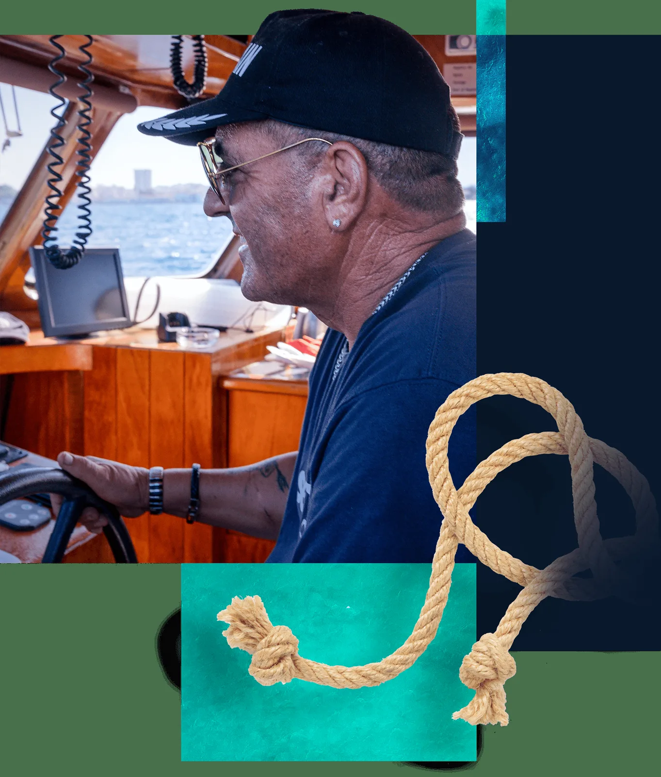 Homme portant une casquette conduit un bateau en mer