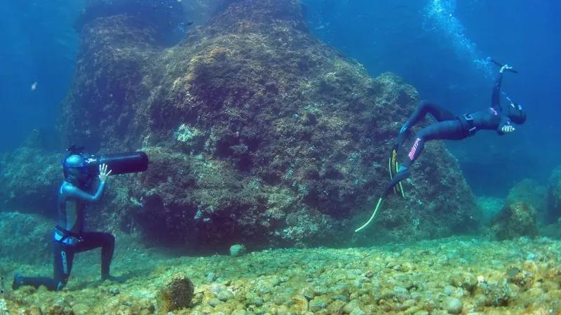 Deux plongeurs explorent un récif rocheux sous l'eau en apnée