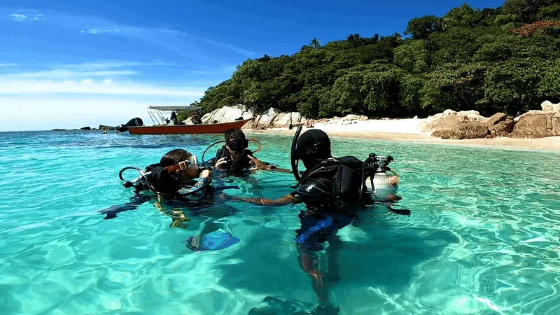 Plongée sous-marine en eaux claires avec trois plongeurs équipés