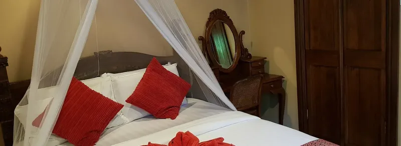 Chambre avec lit à baldaquin, décoration rouge et mobilier en bois sombre