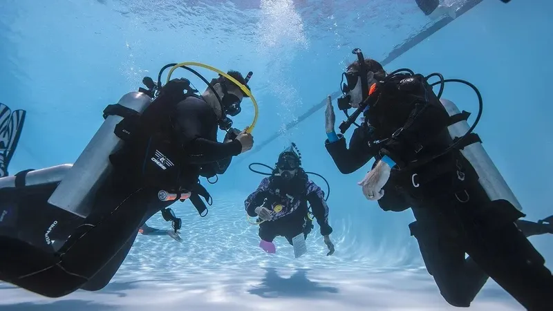 Trois plongeurs en combinaison noire évoluent sous l'eau avec leur équipement