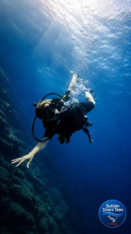 Plongeuse explorant un récif corallien en bleu profond sous-marin