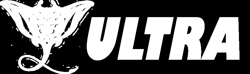 Raie manta stylisée et le mot ULTRA sur fond noir