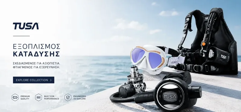Equipement de plongée TUSA : masque, détendeur, gilet sur plage