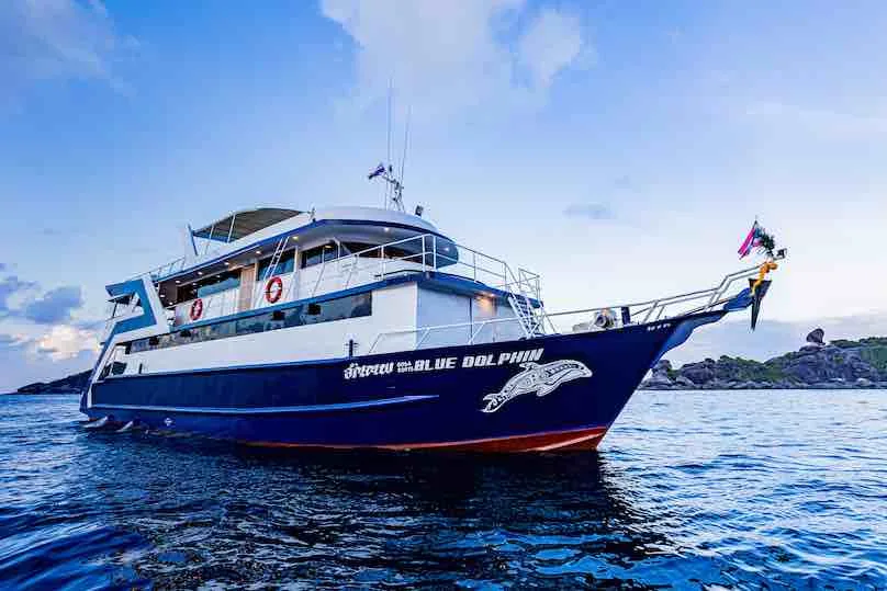 Grand bateau de plongée bleu et blanc navigue sur une mer calme