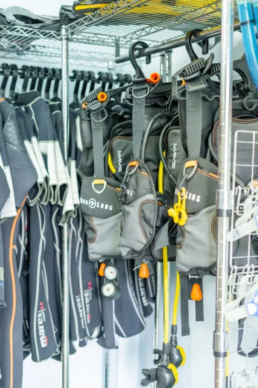 Rangée de gilets stabilisateurs et détendeurs prêts pour la plongée