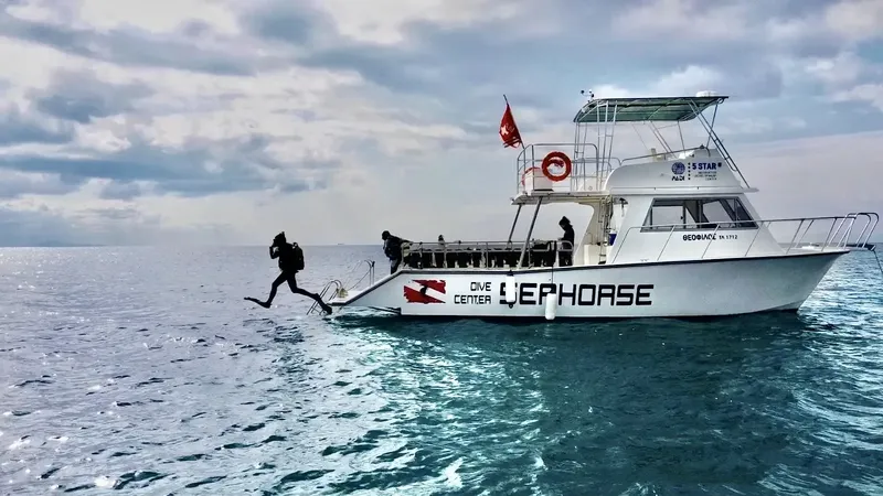 Plongeurs s'apprêtent à entrer dans l'eau depuis un bateau de plongée