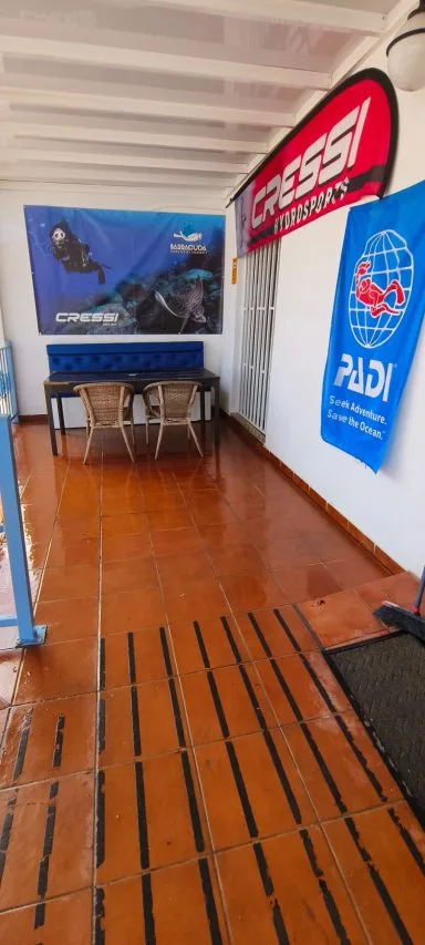 Façade d'un centre de plongée avec logos Cressi et PADI visibles