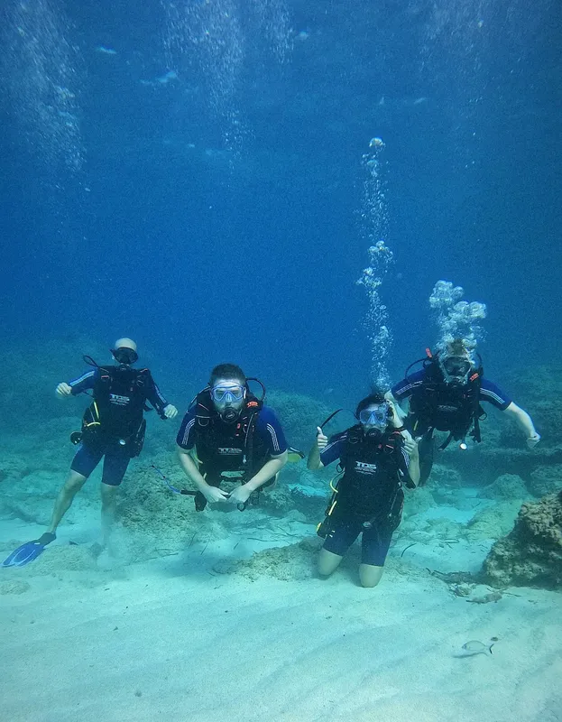 Quatre plongeurs souriants montrent le signe 'OK' sous l'eau