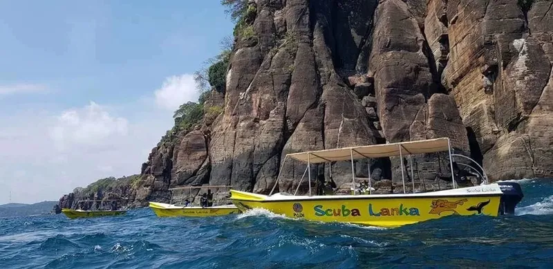 Deux bateaux jaunes transportent des plongeurs vers un site rocheux