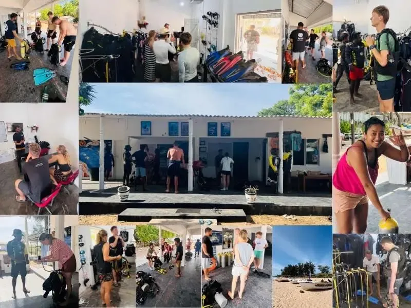 Plongée : préparation du matériel, personnes équipées, centre de plongée ensoleillé