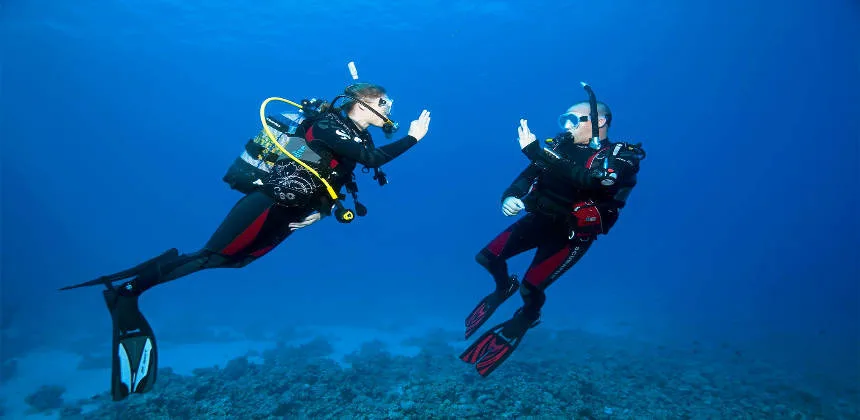 Deux plongeurs communiquent avec leurs mains dans une eau bleue