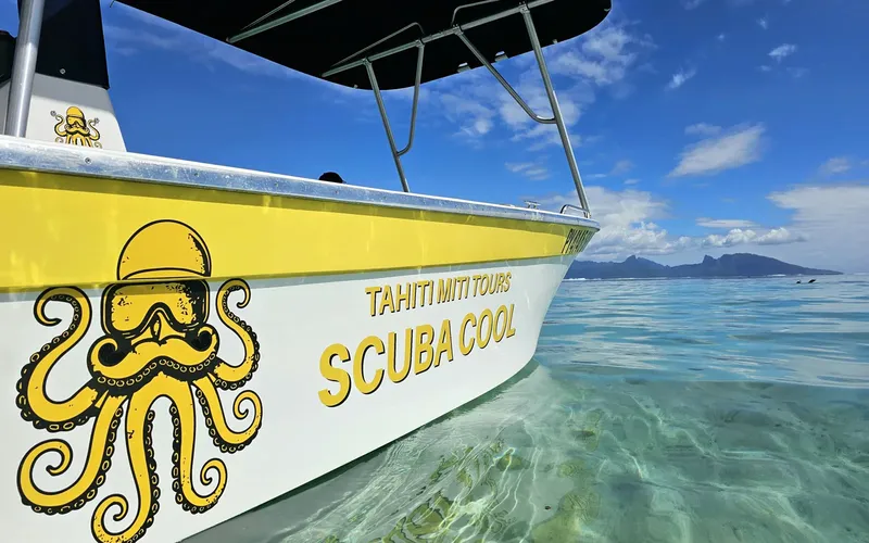 Bateau de plongée jaune et blanc avec une pieuvre et du texte