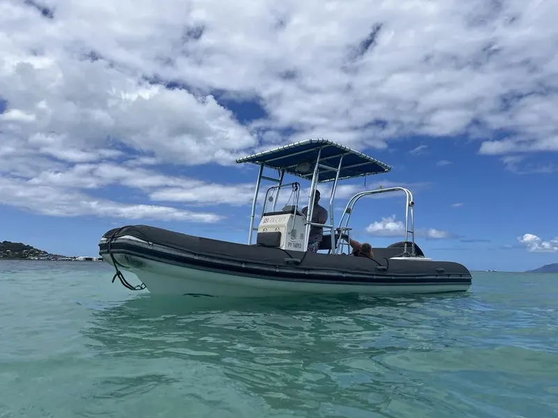 Bateau semi-rigide en mer avec des passagers sous un toit protecteur