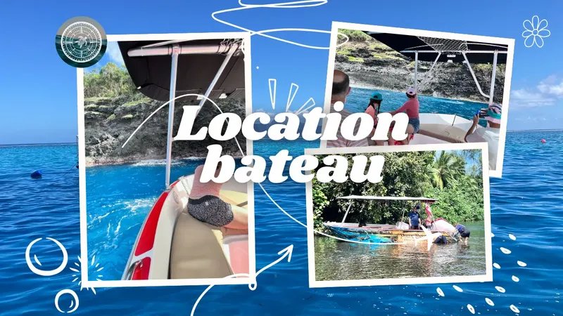 Collage de photos : bateau, plongeurs, mer bleue, location de bateau