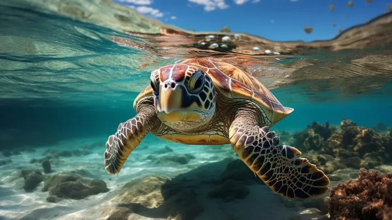 Tortue marine nageant en eaux claires au-dessus d'un fond rocheux