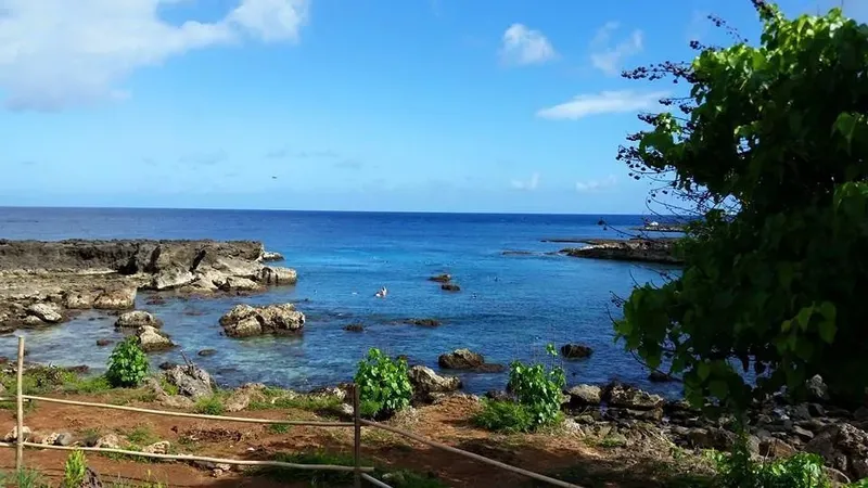 Personnes dans l'eau turquoise, côte rocheuse et végétation luxuriante