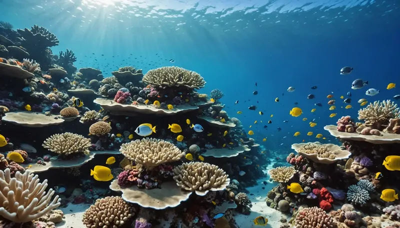 Recif corallien luxuriant avec poissons tropicaux et lumière du soleil