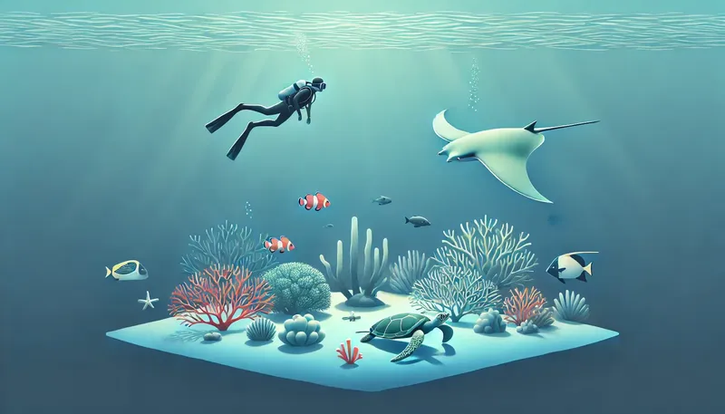 Plongeur, raie manta, poissons tropicaux et tortue dans un récif corallien