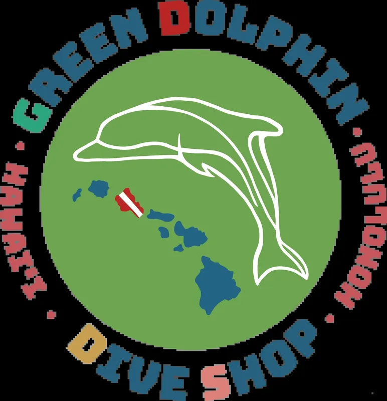 Logo d'un centre de plongée avec un dauphin et une île