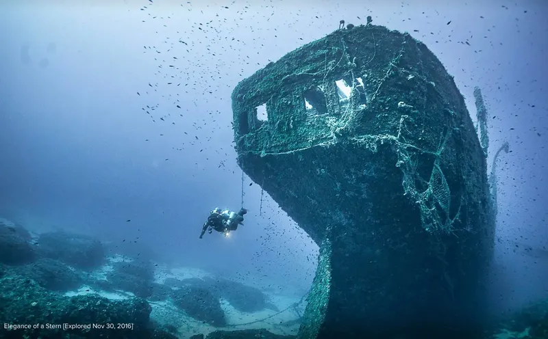 Plongeur explorant l'épave d'un grand navire colonisé par la vie marine
