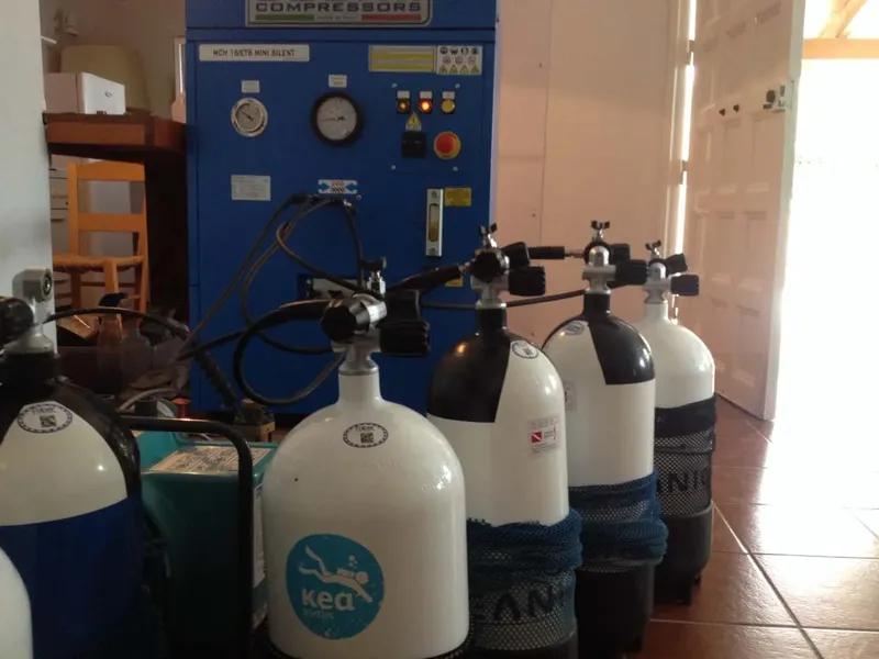 Bouteilles de plongée alignées devant un compresseur bleu et des cartons