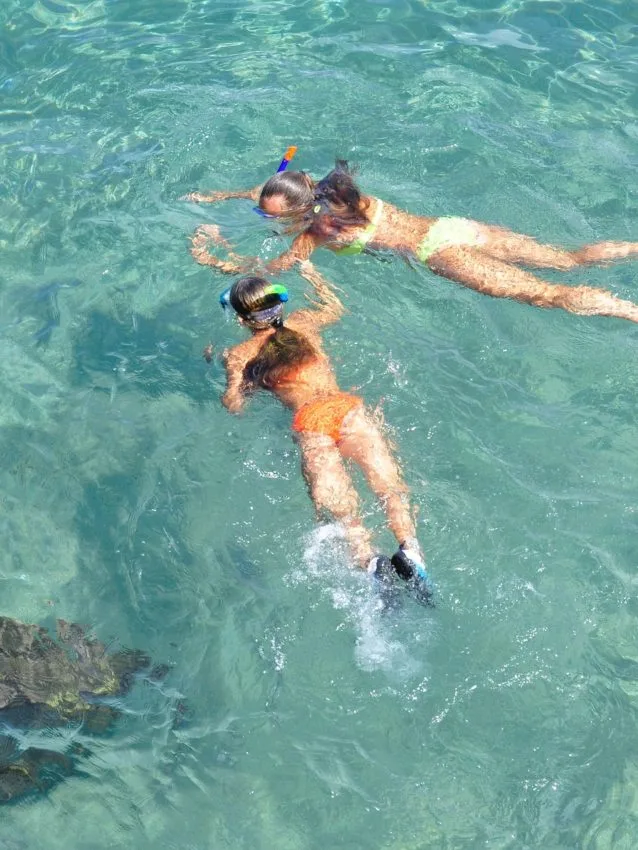 Deux personnes en maillot de bain nagent avec masque et tuba