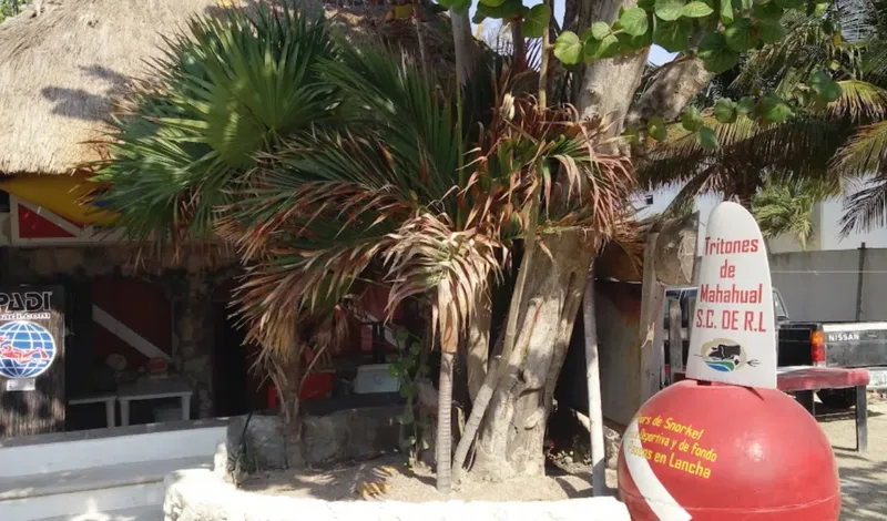 Panneau rouge et blanc devant un bâtiment avec végétation tropicale