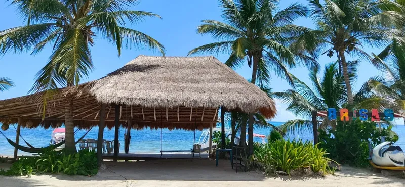 Plage tropicale avec abri en chaume, bateaux et végétation luxuriante