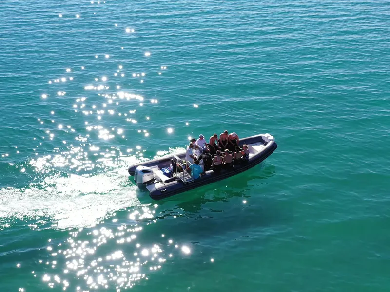 Un bateau semi-rigide bleu avec des personnes navigue sur une mer scintillante