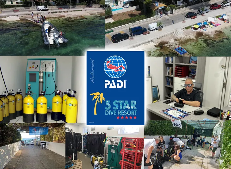 Collage d'images : bateaux, matériel, locaux et logo PADI