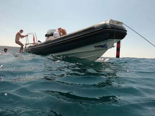 Personnes sur un bateau semi-rigide naviguant sur une mer calme et bleue