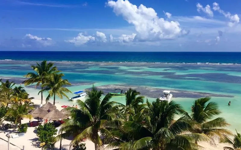 Plage tropicale avec bateaux, palmiers et personnes se relaxant au soleil