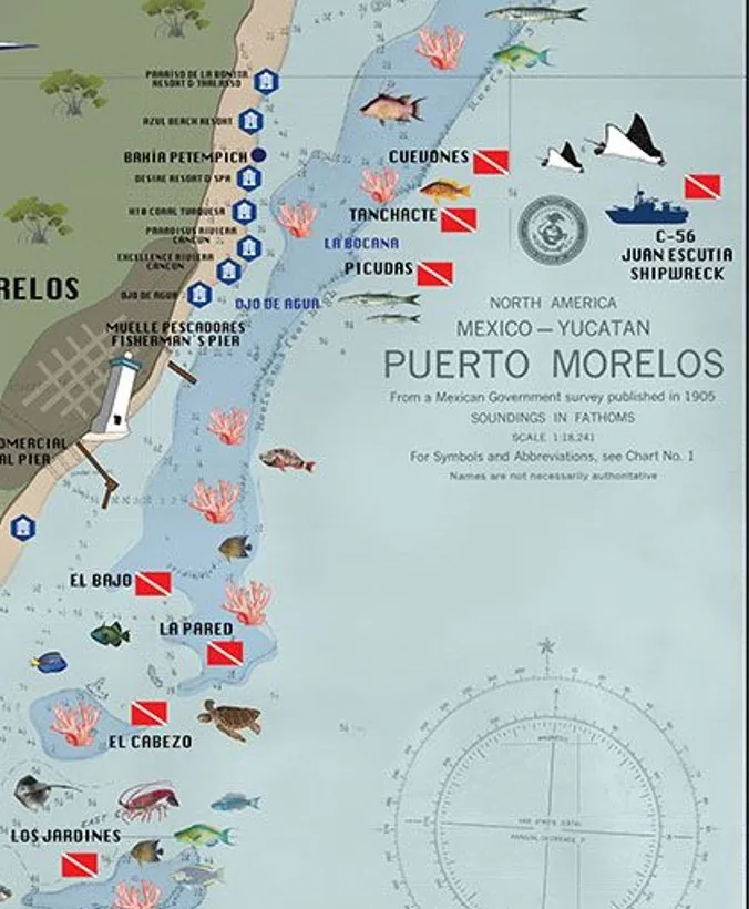 Carte marine de Puerto Morelos avec épaves et faune sous-marine