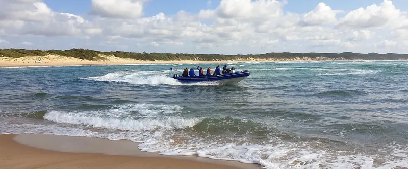 Embarcation semi-rigide navigue sur une mer bleue avec des passagers